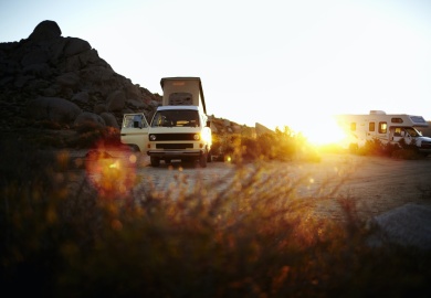 A camper van, a classic design, and an iconic travelling vehicle in Yosemite national park, at