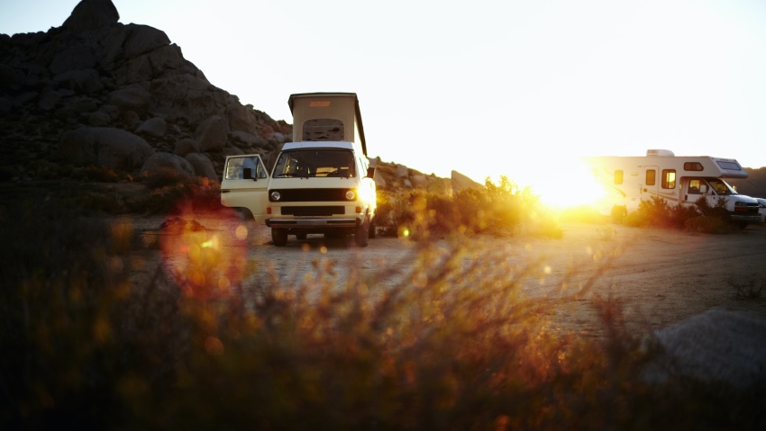 A camper van, a classic design, and an iconic travelling vehicle in Yosemite national park, at